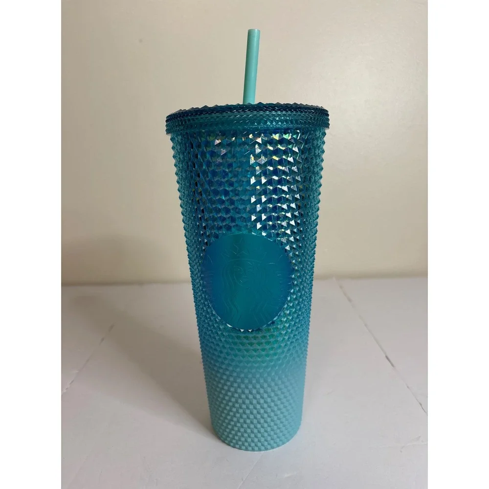 Starbucks Teal Blue Iridescent Studded Venti Cold‎ Cup Tumbler 24oz with Straw